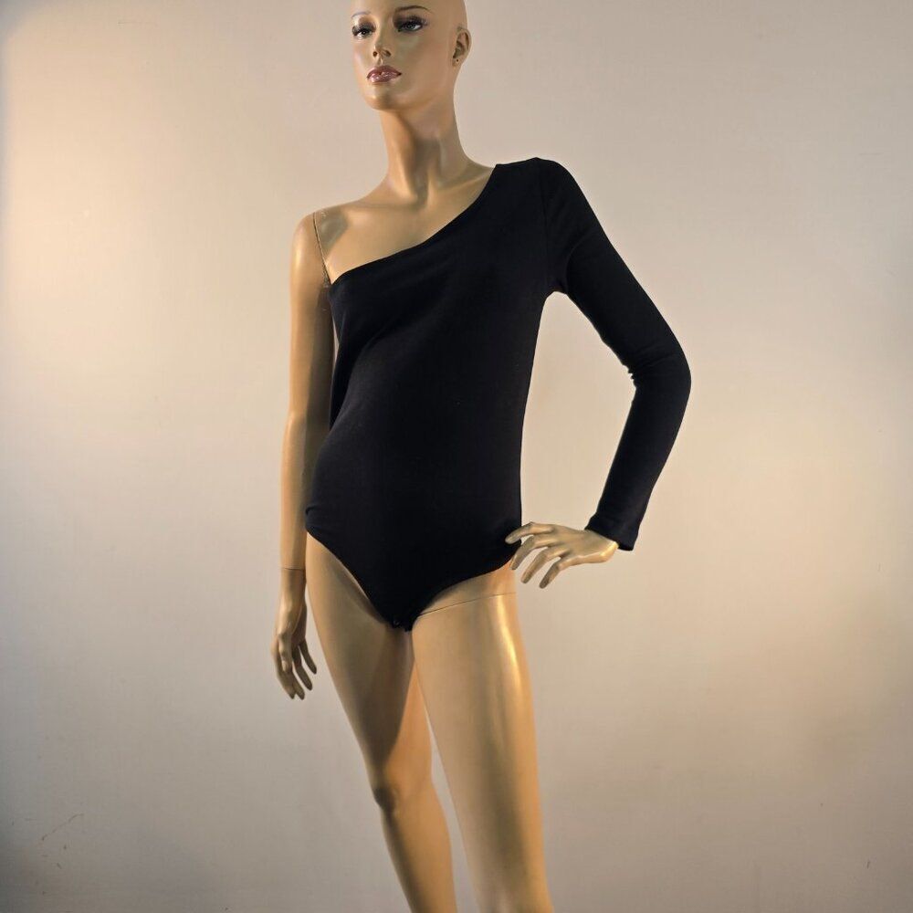 Boston Proper One Shoulder Bodysuit Size M Stretchy Long Sleeve Black FLAW Read